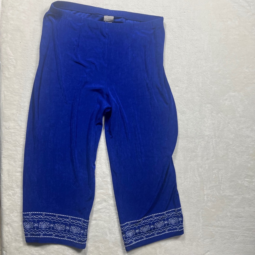 Chico's Travelers Cropped Pants Women 2 US 12 Royal Blue Embroidered Hem Slinky